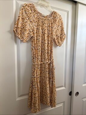 DownEast Mustard Yellow Floral Tiered Midi Dress
